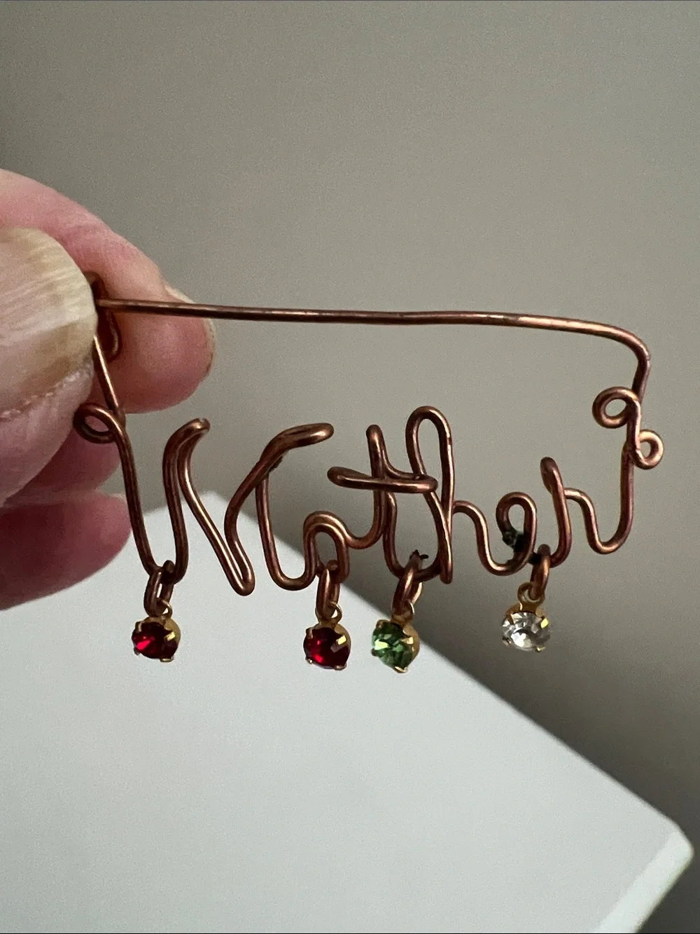 Vintage Copper 'Mother' Wire Brooch Pin with Colored Crystal Drops